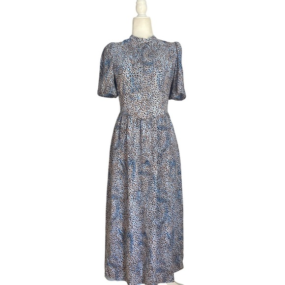 Whistles Blair Puff Sleeve Dress Women's Blue Midi Feminine Open Back Bow - Picture 4 of 13